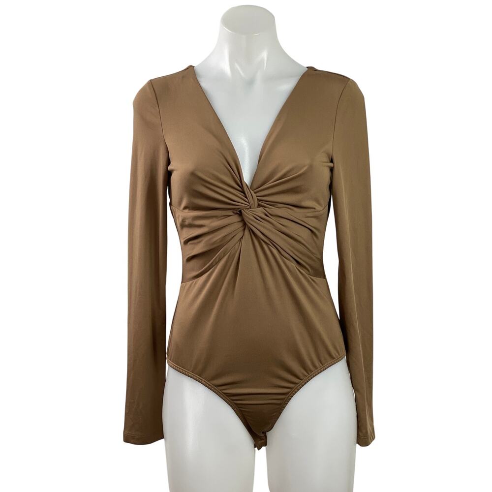 Princess Polly Womens Brown Twist Front V-neck Long Sleeve Bosysuit Blouse Top 6